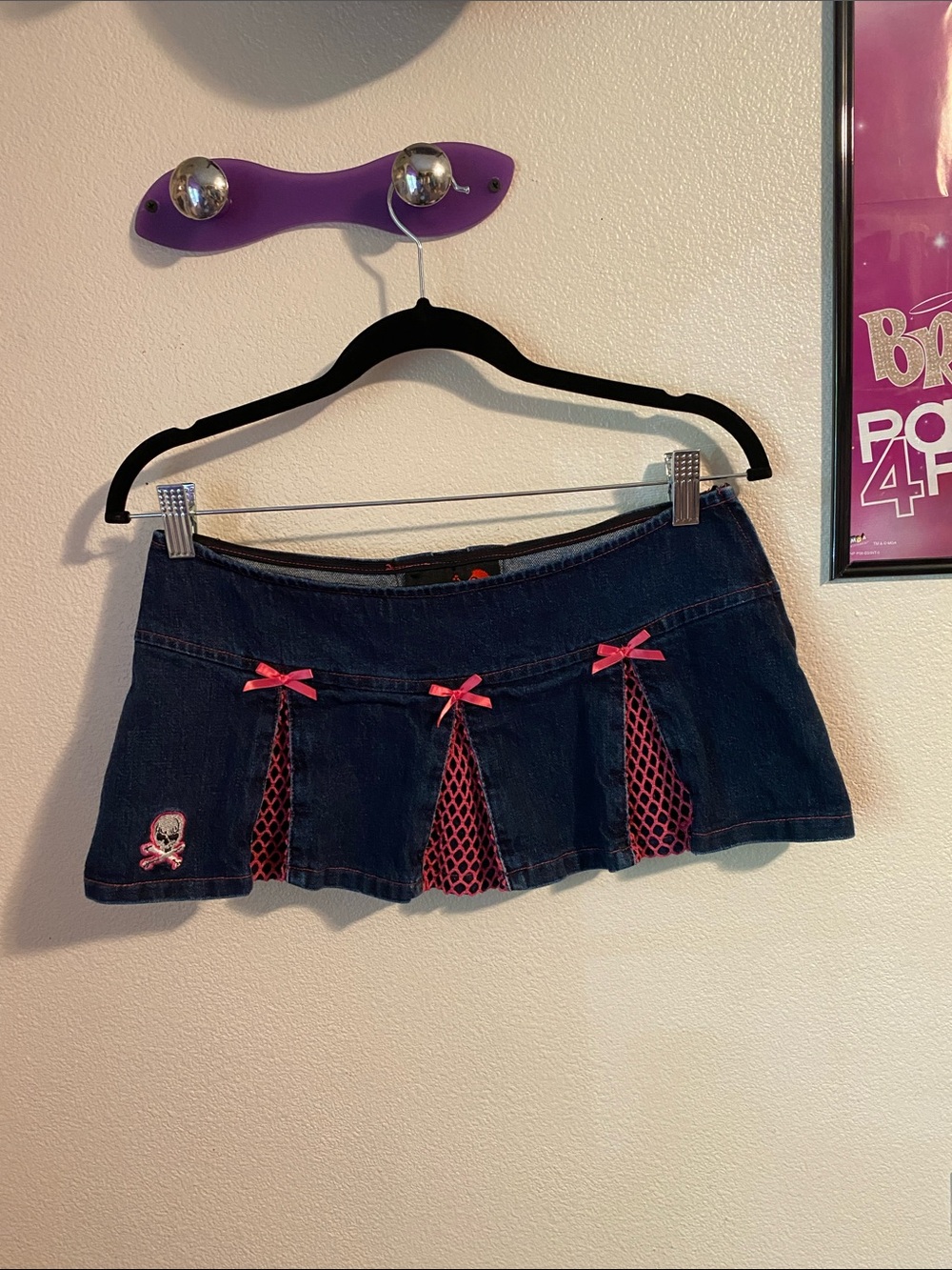 Vtg Serious Dark Denim Mini Skirt with Pink Mesh Inserts & Corset Back